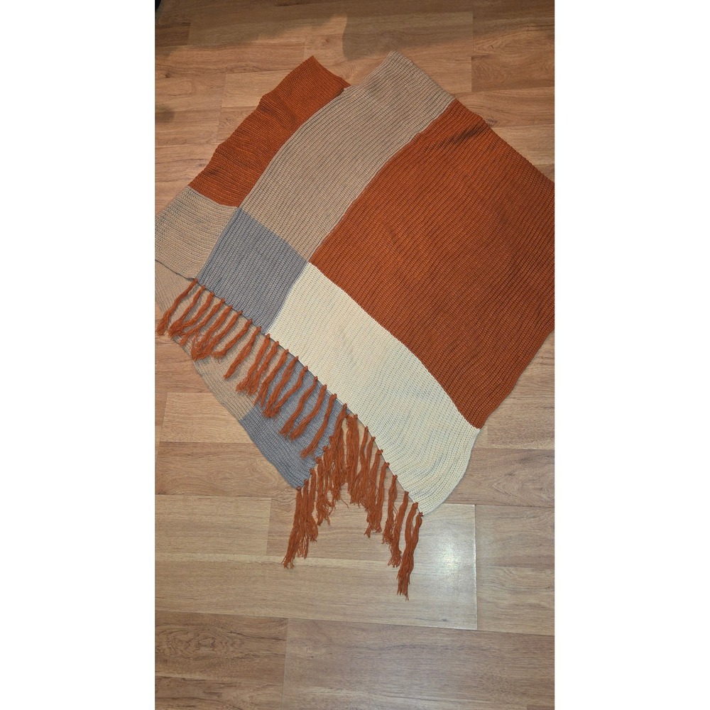 In'Voland Colorblock Knit Fringe Poncho Wrap Rust Orange Beige Grey 16W